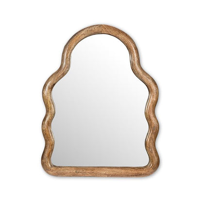 Freeform-shaped mirror with a natural mangowood frame, 20 inches tall