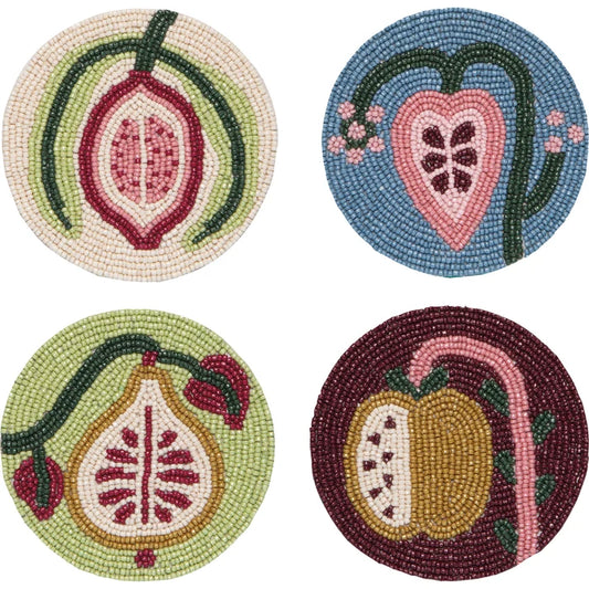 Four round hand-beaded coasters with botanical fruit and vine designs in pink, blue, green, and burgundy – PABOOM