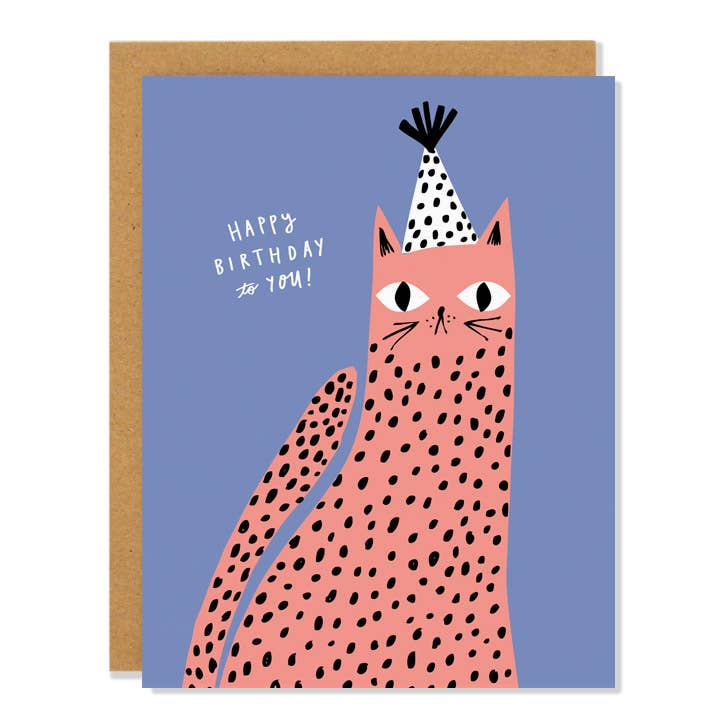 Periwinkle birthday card of a spotted coral cat in a polka-dot party hat with Happy Birthday to You lettering - PABOOM