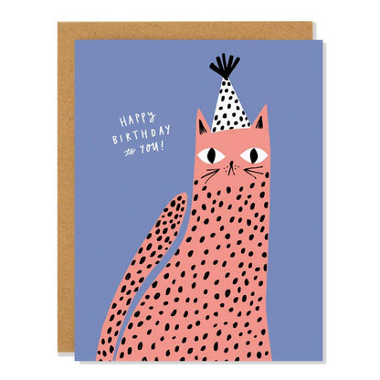 Periwinkle birthday card of a spotted coral cat in a polka-dot party hat with Happy Birthday to You lettering - PABOOM