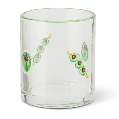 Clear 12oz glass tumbler embossed with green olive and pimento icons around the rim