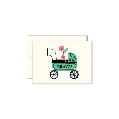 Green illustrated baby carriage with a pink flower, reading Bravo!