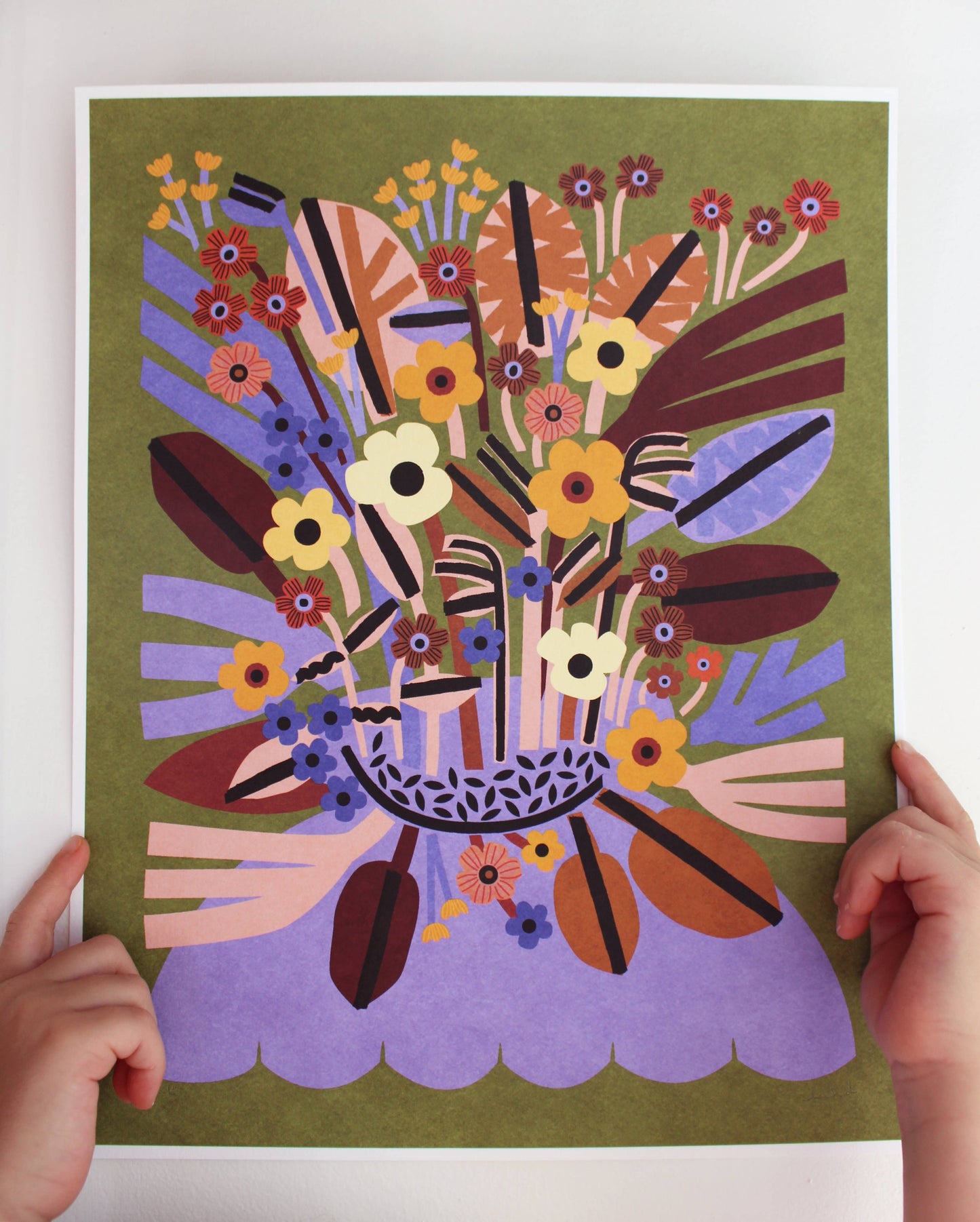 Abstract botanical archival print with blue and mustard shapes, a rainbow, and a snail on avocado green background, clipped to a string — PABOOM