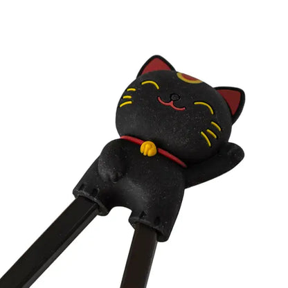 Black maneki-neko training chopsticks, alternate view - PABOOM