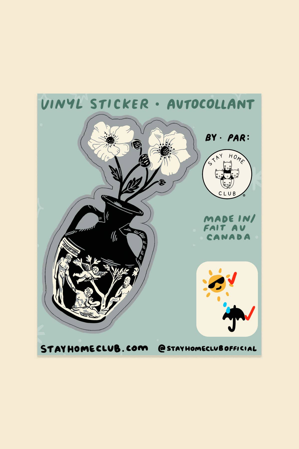 Black urn-shaped vinyl sticker with white floral illustration and a classical cameo scene, on a 'Vinyl Sticker/Autocollant' branded backing marked Made in Canada