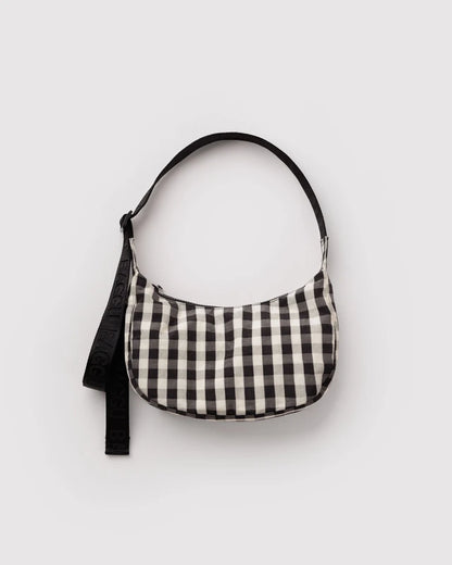 BAGGU Small Nylon Crescent Bag in Black and Cream Gingham with adjustable logo strap - PABOOM