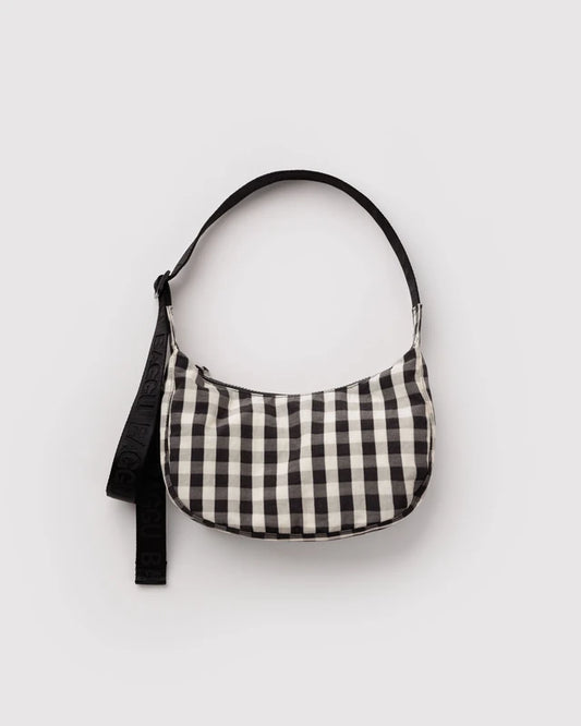 BAGGU Small Nylon Crescent Bag in Black and Cream Gingham with adjustable logo strap - PABOOM