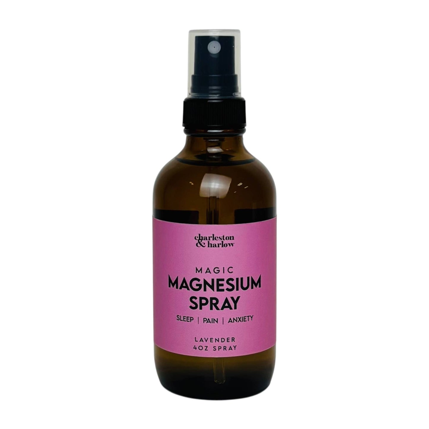 Charleston & Harlow Magic Magnesium Spray in amber glass bottle with magenta pink label, Lavender scent