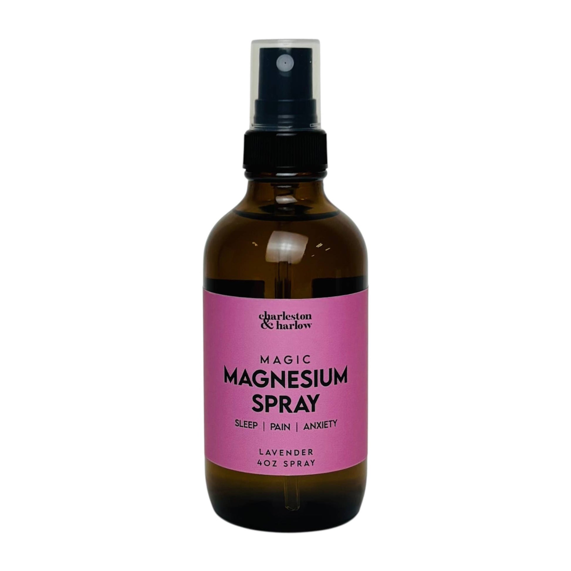 Charleston & Harlow Magic Magnesium Spray in amber glass bottle with magenta pink label, Lavender scent