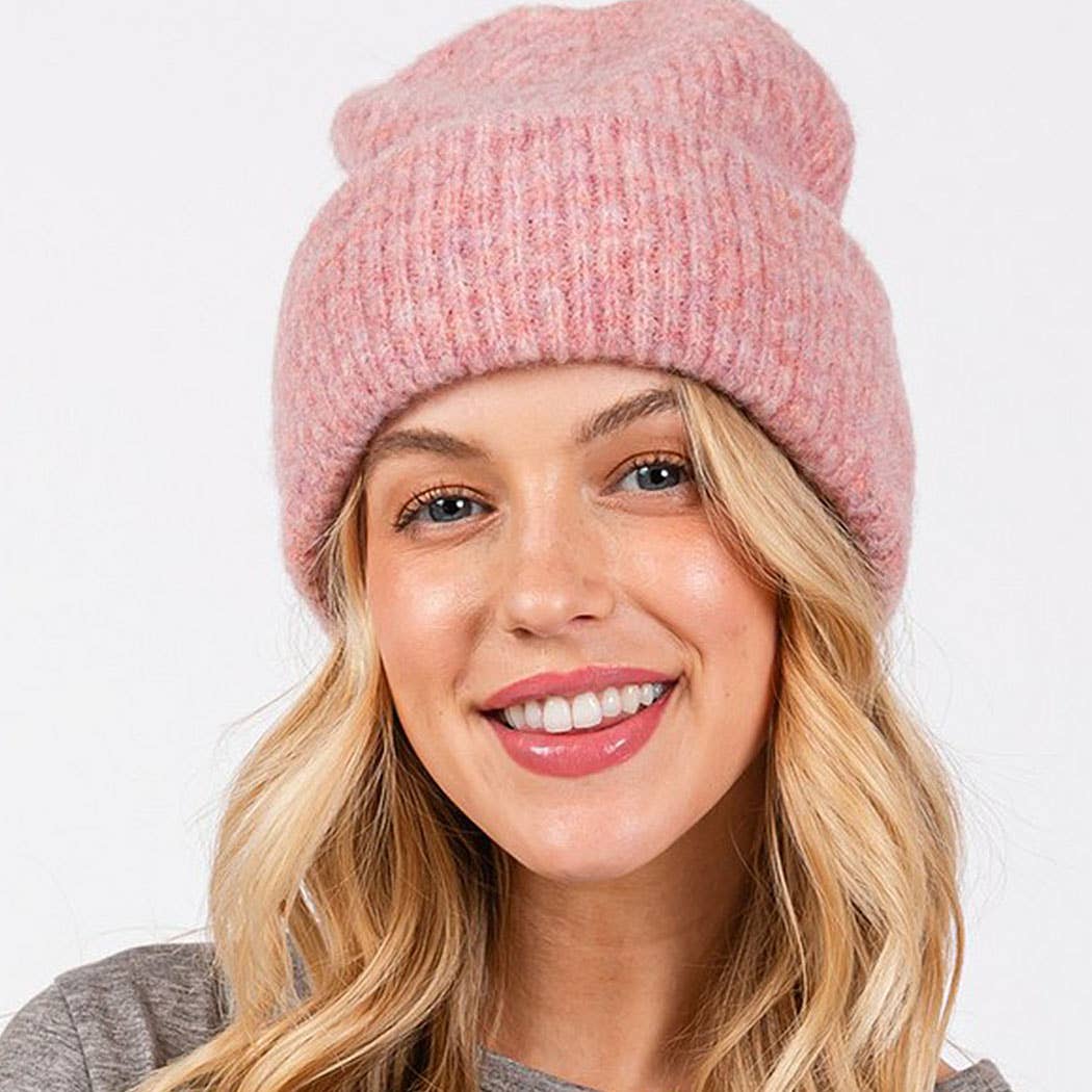 Wool Blended Solid Fuzzy Beanie in black, close-up of ribbed knit texture.