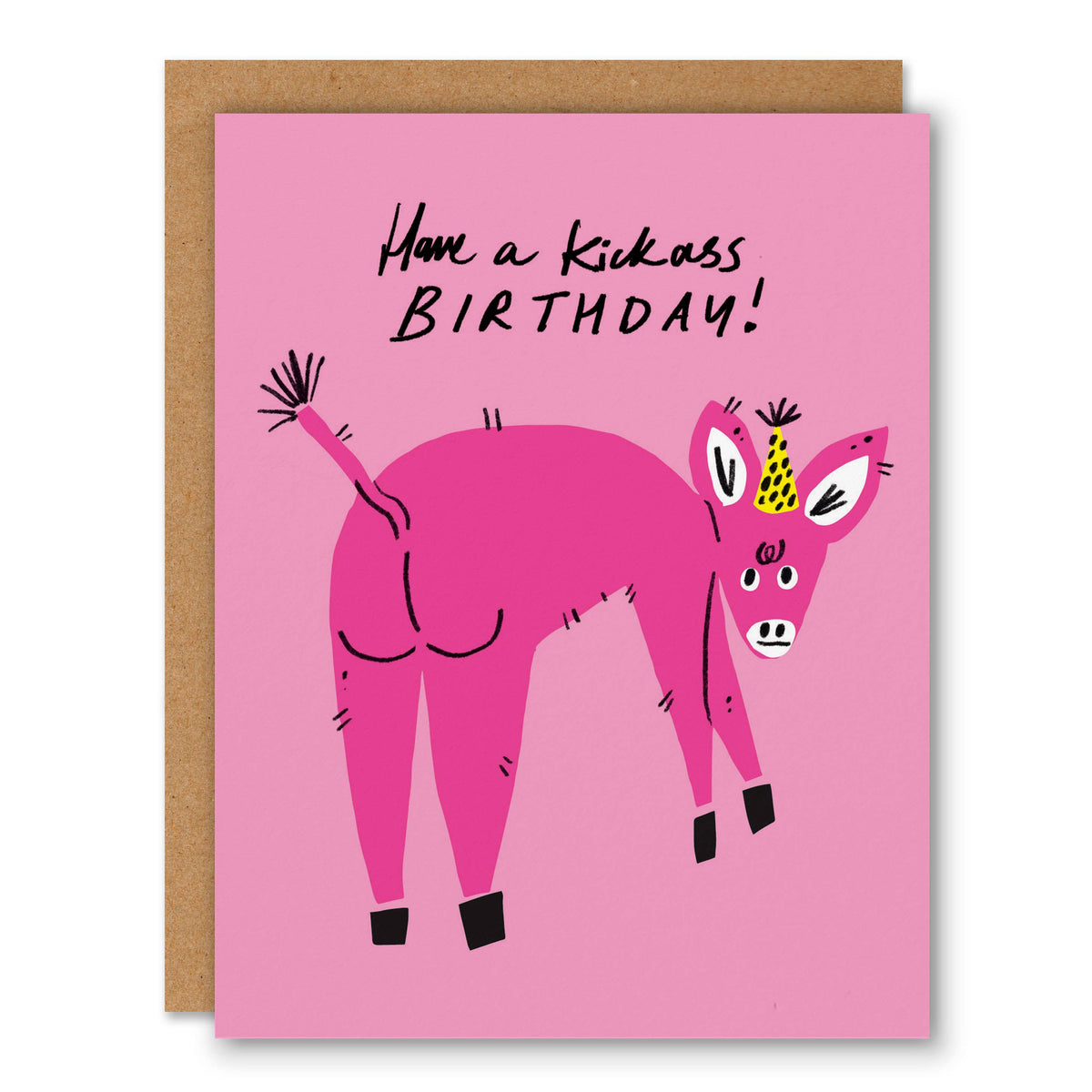 Pink greeting card of a hot pink donkey in a party hat kicking its legs with Have a Kickass Birthday lettering - PABOOM