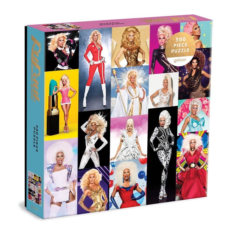 RuPaul's Drag Race 500 piece puzzle box with a colourful photo grid of glamorous drag runway looks - PABOOM