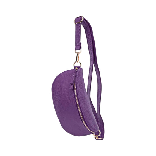 Purple grained leather belt bag strap, close-up