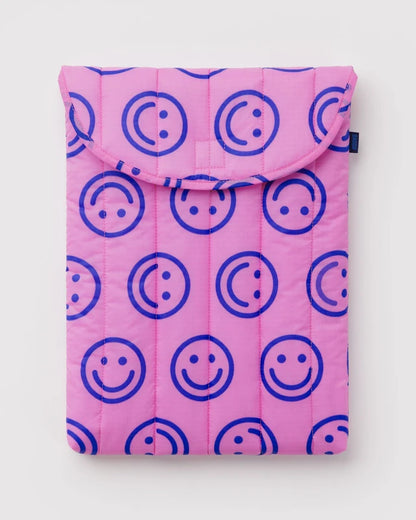 BAGGU Puffy Laptop Sleeve 16" in pop pink happy smiley print with velcro flap closure - PABOOM