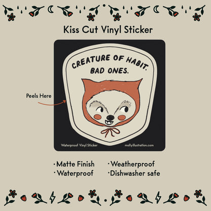 Close-up of the matte waterproof finish on the Creature of Habit vinyl sticker