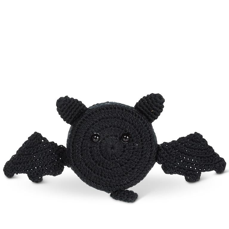 Close-up of the crochet Bat Measuring Tape's wing and face detail.
