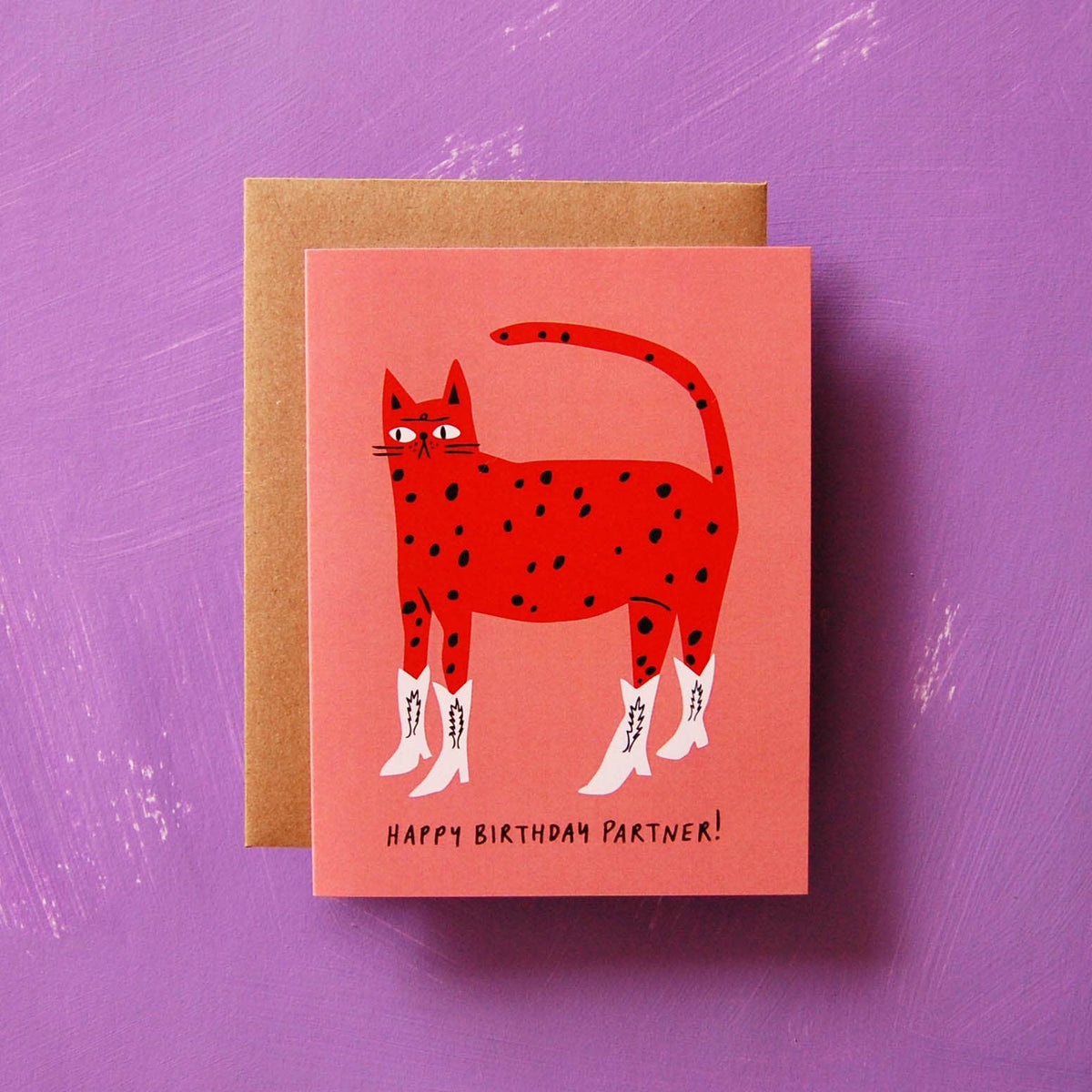 Cowboy Kitty birthday card with kraft envelope - PABOOM