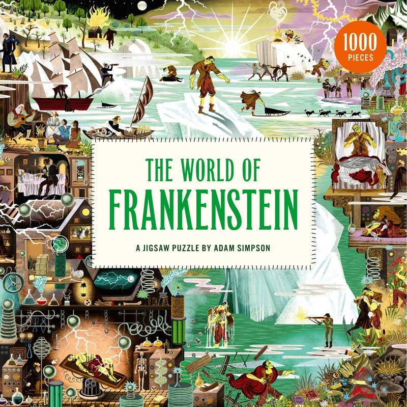 The World of Frankenstein 1000 piece puzzle with an intricate illustrated scene of the gothic novel - PABOOM