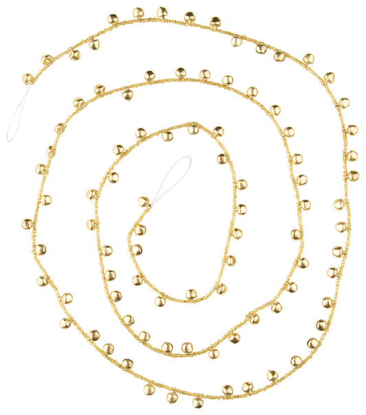 Gold mini jingle bell and glass bead garland coiled on a white background - PABOOM