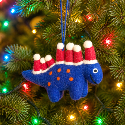 Handmade felt Blue Dinosaur with Santa Hats Hanging Dec