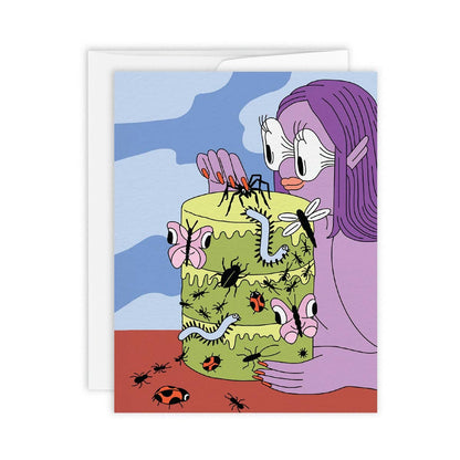 Illustrated woman examining a green layered cake covered in bugs, butterflies, and ladybugs