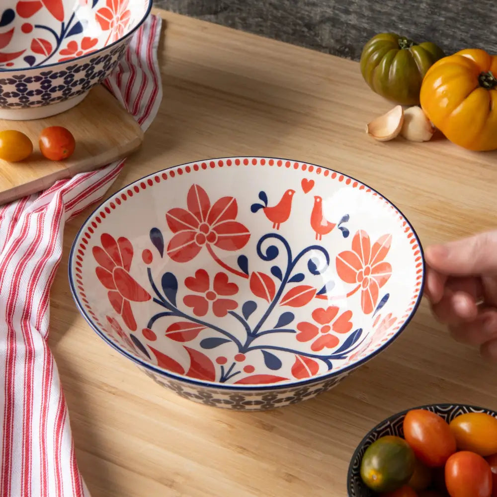 Danica - Red Navy Bird Stamped Bowl 8 inch