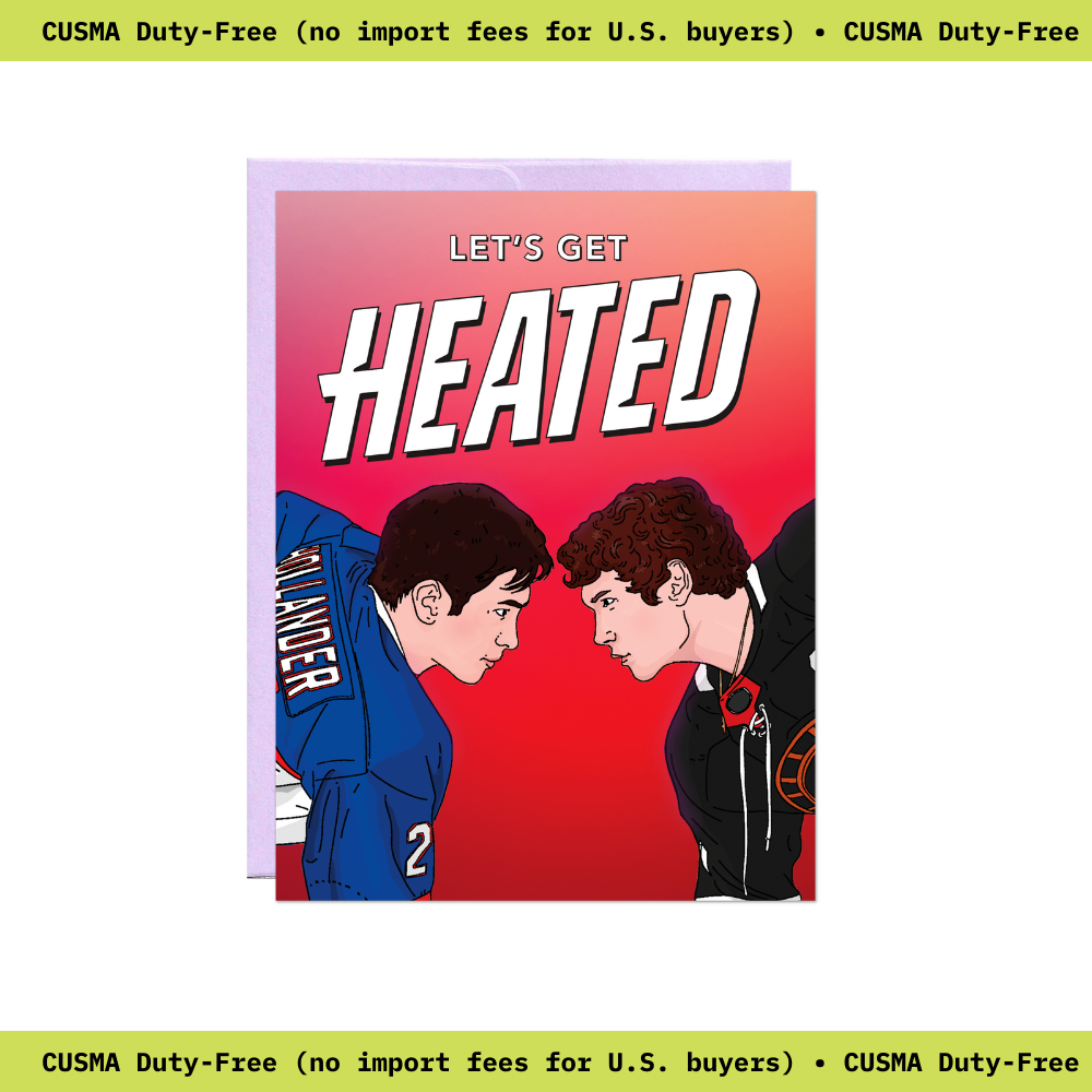 Two illustrated hockey players facing off against a red gradient background, reading Let's get heated