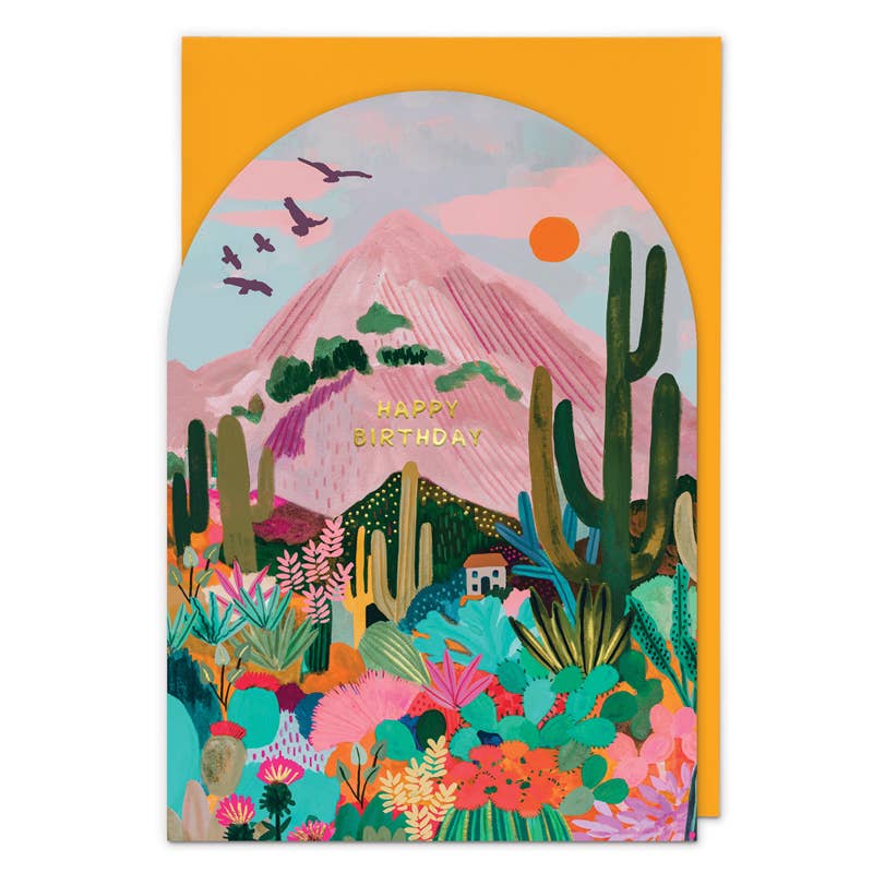 Arched birthday card with a pink mountain, tall green cacti, flying birds and colourful flowers, gold 'Happy Birthday' text - PABOOM