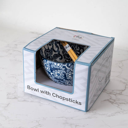 Botan Flower Design Bowl With Chopsticks