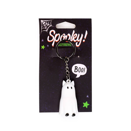 Spooky ghost cat 3D keyring with Boo! charm on display card - PABOOM