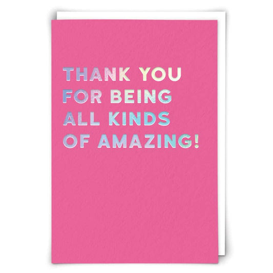 Hot pink card with holographic foil text 'Thank you for being all kinds of amazing!' - PABOOM