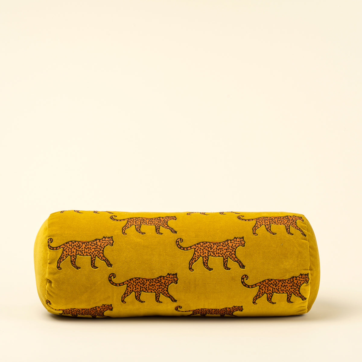 Velvet Leopard Bolster with embroidered leopard print on a white background - PABOOM