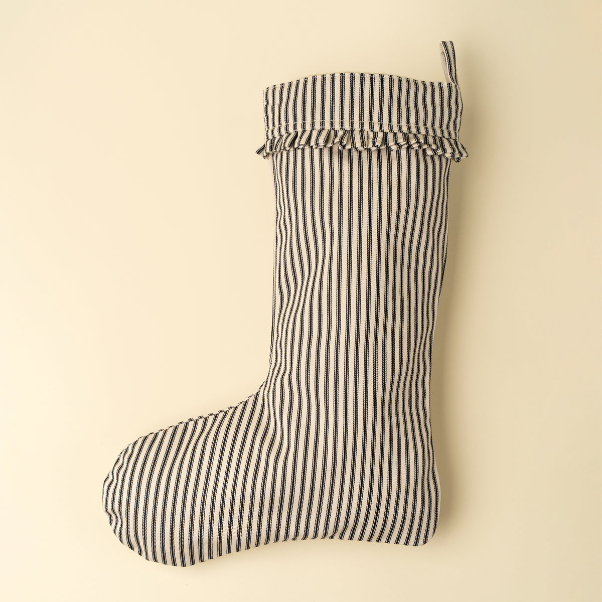 Ticking Stripe Stocking in black ticking fabric on a white background - PABOOM