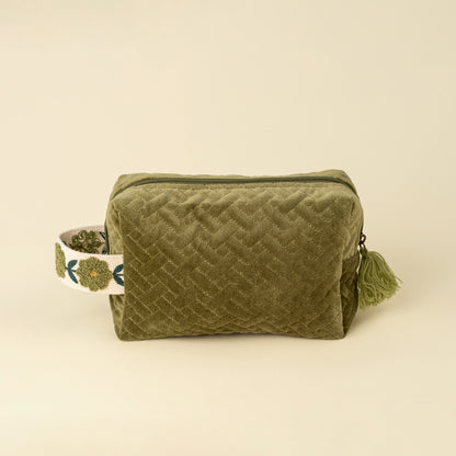 Rosette Velvet Vanity Pouch in green quilted velvet on a white background - PABOOM