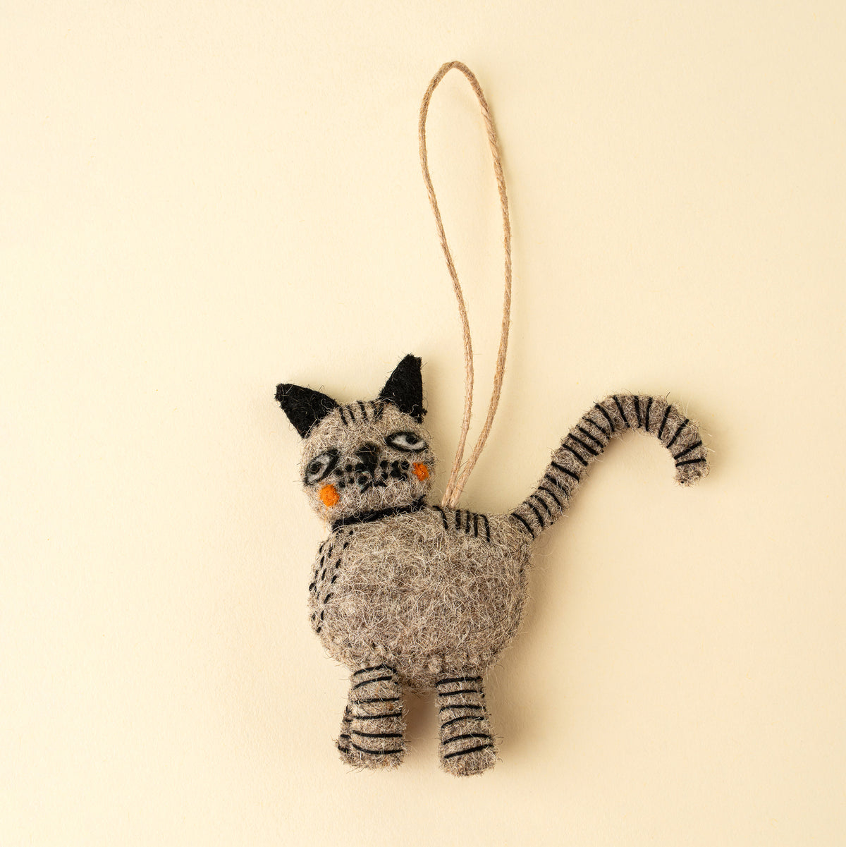 Curious Cat Felt Ornament in grey felt on a white background - PABOOM