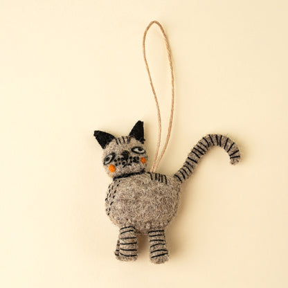 Curious Cat Felt Ornament in grey felt on a white background - PABOOM