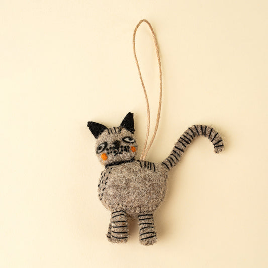 Curious Cat Felt Ornament in grey felt on a white background - PABOOM
