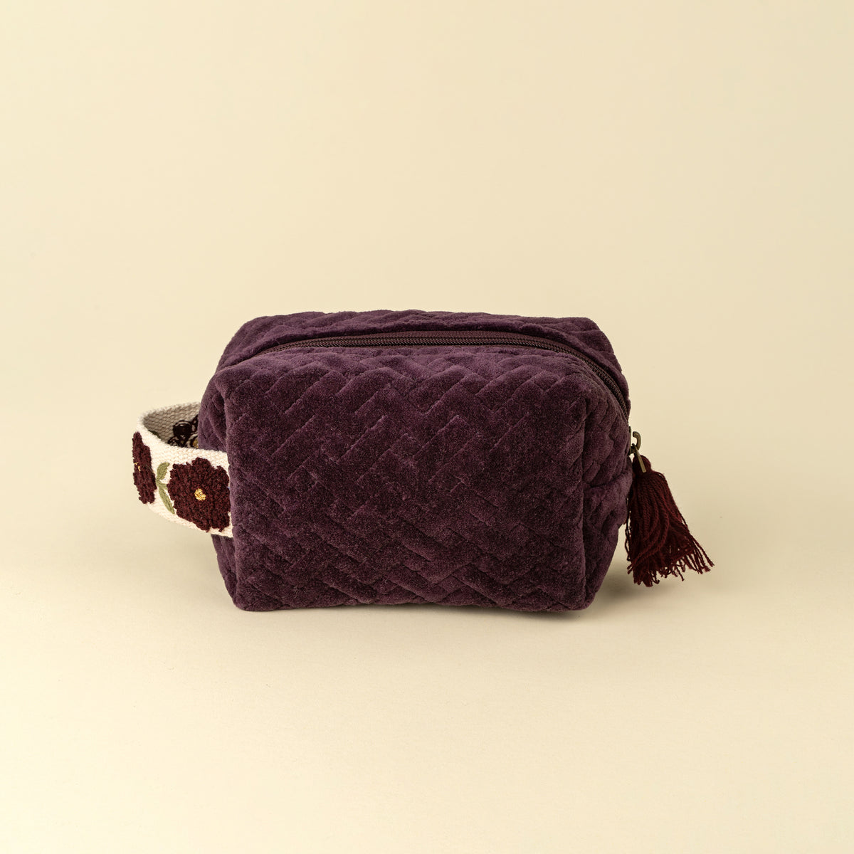 Rosette Velvet Vanity Pouch in sangria quilted velvet on a white background - PABOOM