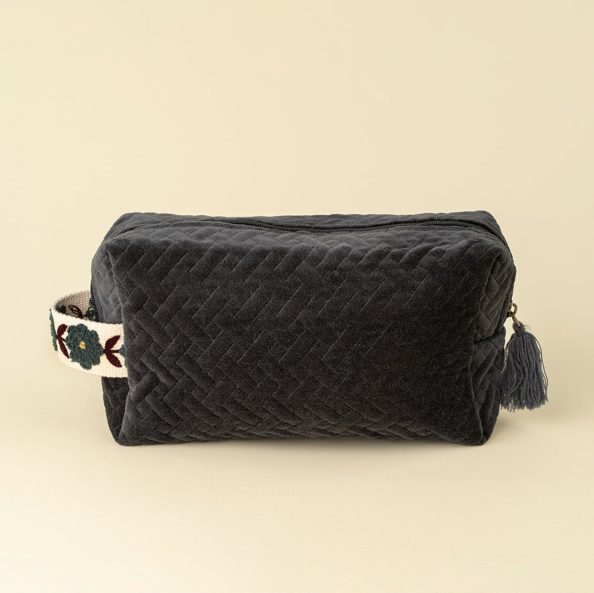 Rosette Velvet Vanity Pouch in navy quilted velvet on a white background - PABOOM
