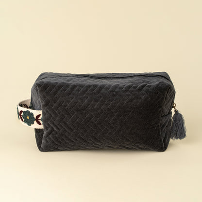 Rosette Velvet Vanity Pouch in navy quilted velvet on a white background - PABOOM