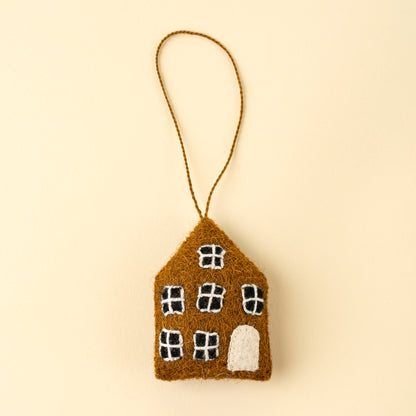 Felt House Ornament in brown felt with black windows on a white background - PABOOM