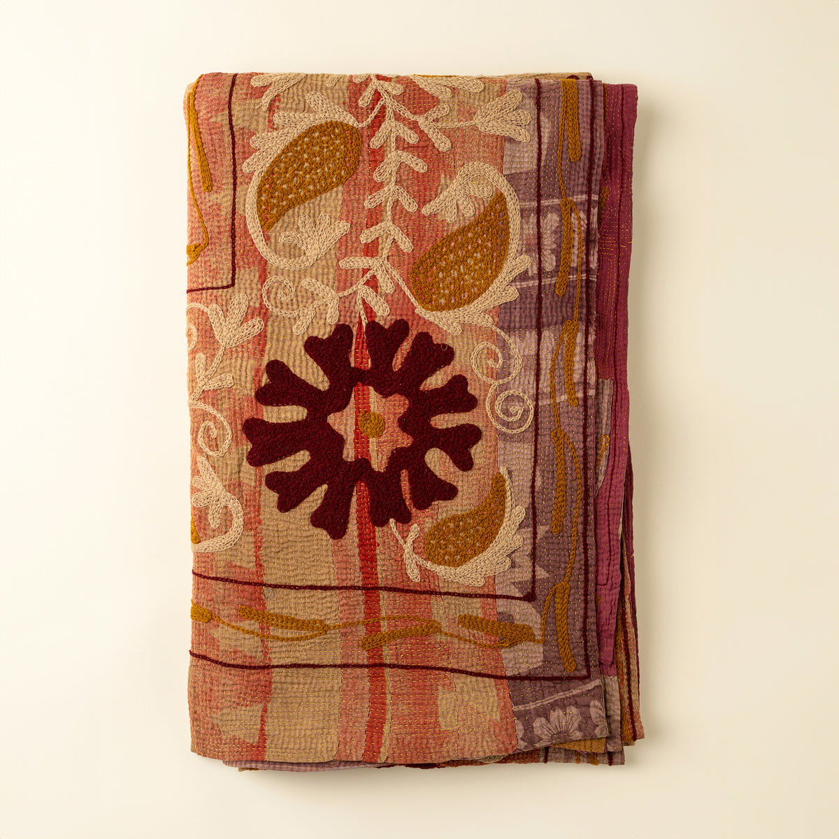 Vintage Embroidered Kantha throw blanket in pink tones on a white background - PABOOM