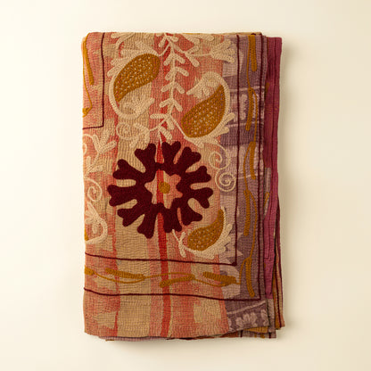 Vintage Embroidered Kantha throw blanket in pink tones on a white background - PABOOM
