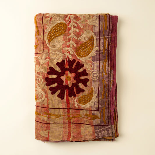 Vintage Embroidered Kantha throw blanket in pink tones on a white background - PABOOM