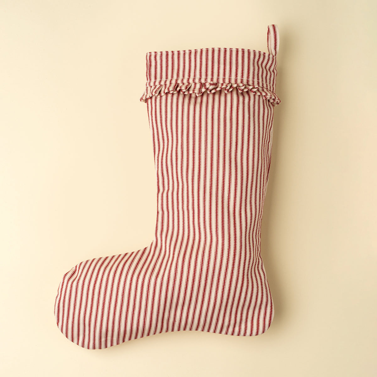 Ticking Stripe Stocking in red ticking fabric on a white background - PABOOM
