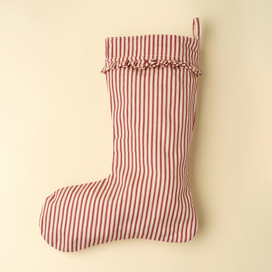 Ticking Stripe Stocking in red ticking fabric on a white background - PABOOM