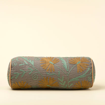 Suzani Embroidered Kantha Bolster in charcoal with terracotta embroidery on a white background - PABOOM