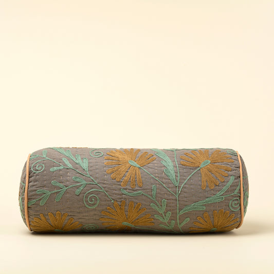 Suzani Embroidered Kantha Bolster in charcoal with terracotta embroidery on a white background - PABOOM