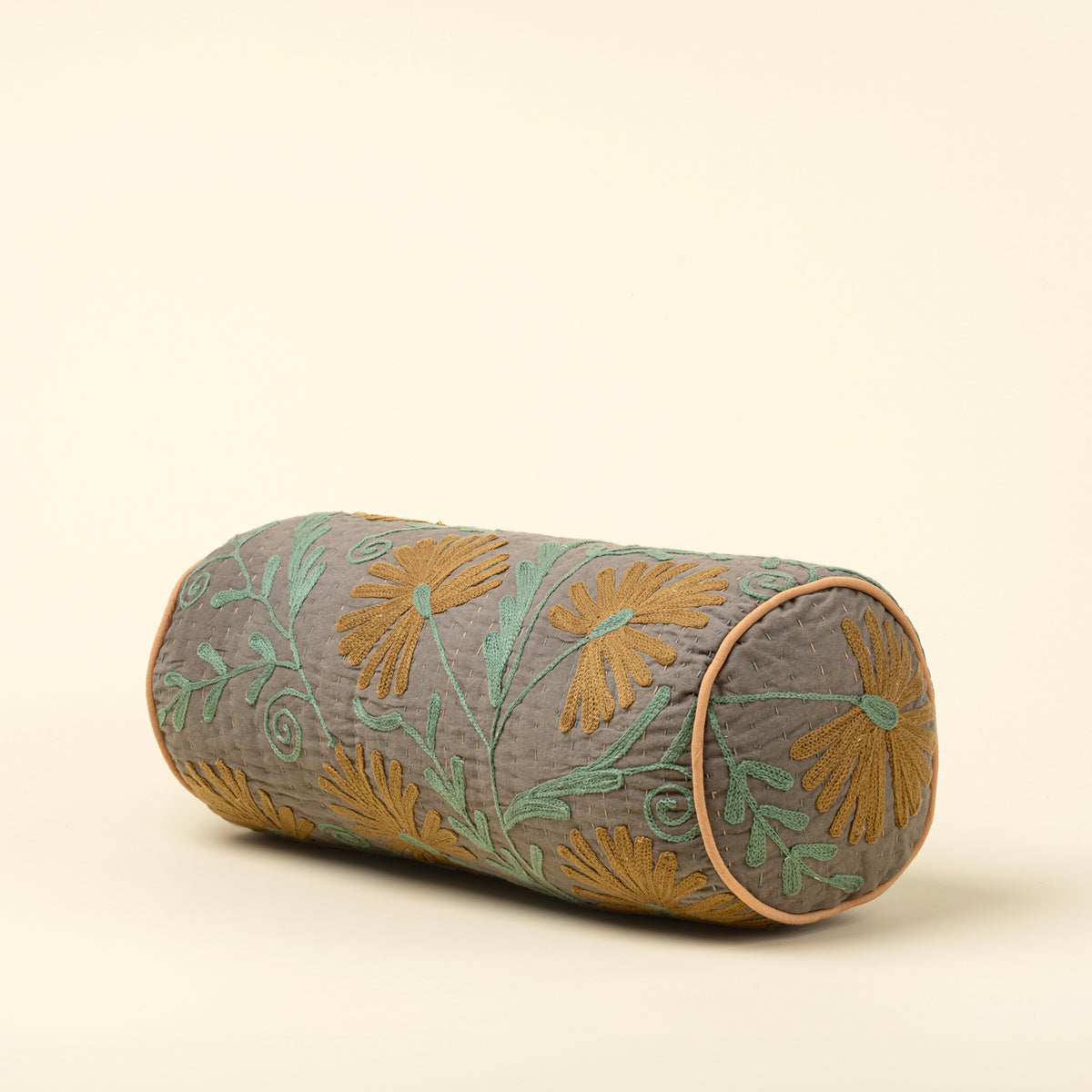 Suzani Embroidered Kantha Bolster - Grey