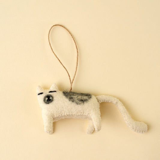 Curious Cat Felt Ornament in cream felt on a white background - PABOOM